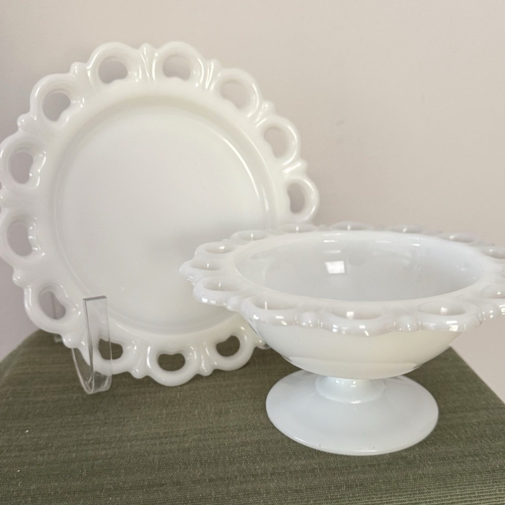 Vintage Anchor Hocking White Milk Glass Scallop Edge Pedestal Bowl & Plate Set